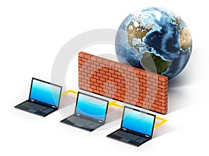 Laptop computers protected by firewall. 3D illustration