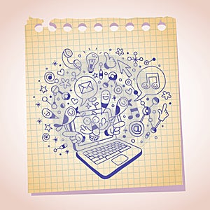 Laptop concept note paper cartoon sketch