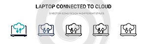 Laptop connected to cloud icon in filled, thin line, outline and stroke style. Vector illustration of two colored and black laptop