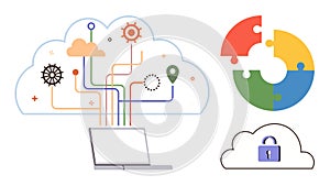 Cloud Computing Concept with Data Connections, Security Lock, and Puzzle Integration