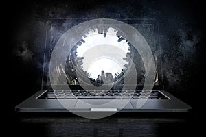 Laptop and construction concept. Mixed media