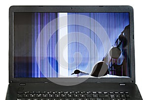 Laptop with cracked LCD screen isolated