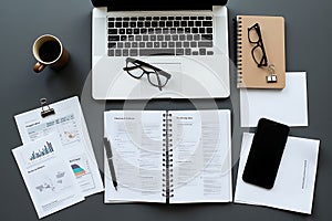 A laptop, a cup of coffee, a pen, a cell phone