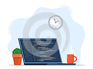 Laptop with cup of coffee and plant in pot. Workplace of coder, online programmer. Coding and programming, developing sites using