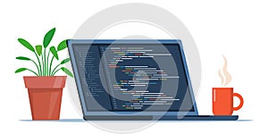 Laptop with cup of coffee and plant in pot. Workplace of coder, online programmer. Coding and programming, developing sites using