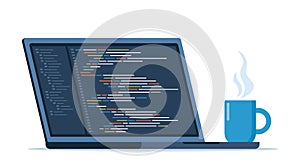 Laptop with cup of coffee. Workplace of coder, online programmer. Coding and programming, developing sites using special language