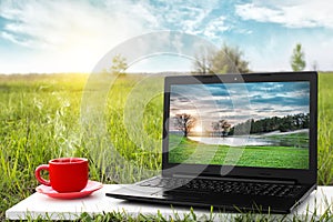 Laptop and cup of hot coffee on the background picturesque nature