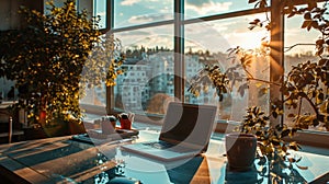 laptop and cup on wooden table workspace with bright window