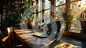 laptop and cup on wooden table workspace with bright window