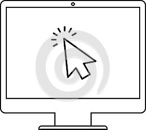 Laptop with cursor on screen. Click in laptop vector icon. Computer with click mouse pointer symbol isolated on white background.
