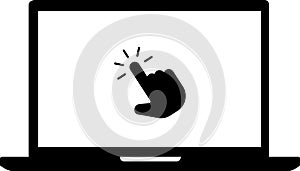 Laptop with cursor on screen. Click in laptop vector icon. Computer with click mouse pointer symbol isolated on white background.