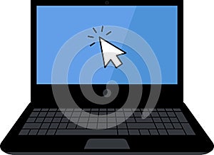Laptop with cursor on screen. Click in laptop vector icon. Computer with click mouse pointer symbol isolated on white background.