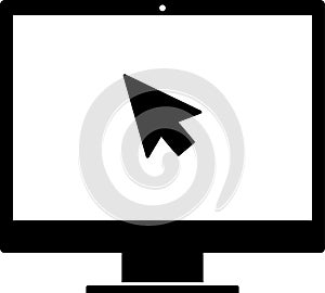 Laptop with cursor on screen. Click in laptop vector icon. Computer with click mouse pointer symbol isolated on white background.