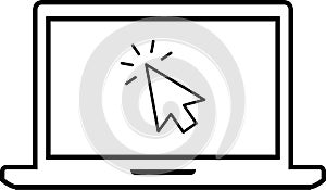Laptop with cursor on screen. Click in laptop vector icon. Computer with click mouse pointer symbol isolated on white background.