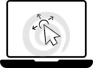 Laptop with cursor on screen. Click in laptop vector icon. Computer with click mouse pointer symbol isolated on white background.