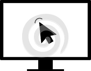 Laptop with cursor on screen. Click in laptop vector icon. Computer with click mouse pointer symbol isolated on white background.