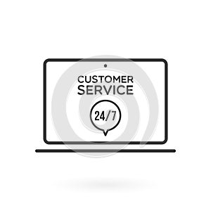 Laptop customer service 24/7 illustration. Concept of 24/7, open 24 hours, support, assistance, contact, customer service. Vector