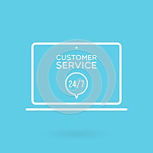 Laptop customer service 24/7 illustration. Concept of 24/7, open 24 hours, support, assistance, contact, customer service. Vector