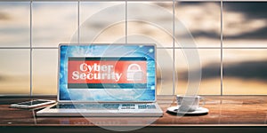 Laptop with cyber security screen on desk. Blurred sky background. 3d illustration