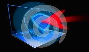 Laptop cybersecurity protection blocking malware attack with digital shield