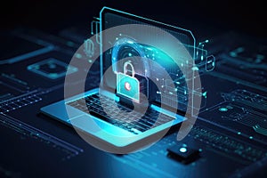 Laptop With Cybersecurity Software And Lock Icon. Generative AI photo