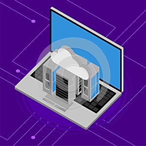 Laptop with 3d cloud computing server icons