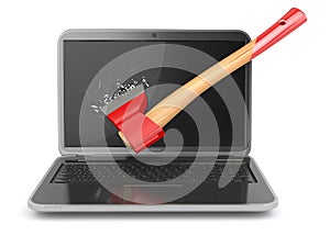 Laptop damaged by axe on white background. Concept of a