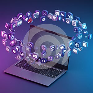 A laptop with a dark screen sits on a gradient blue-purple background. Surrounding