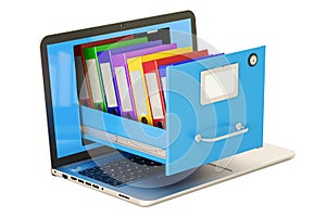 Laptop data storage. Notebook with folders in filing cabinet, 3D rendering