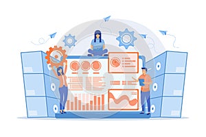 Laptop with data visualization software and developers working. Big data visualization, big data analytics, visualization software