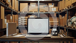 The laptop on warehouse desk.AI generated image