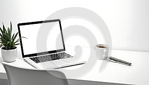 Laptop on desk, work from home, office setup, technology, computer, workspace, modern, Stock Photo, Generative AI