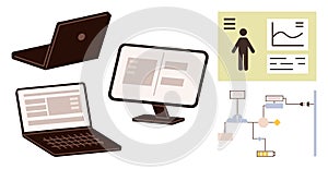 Laptop and Monitor Screens with Data and Process Flow Elements for Technology and Workflow Concepts