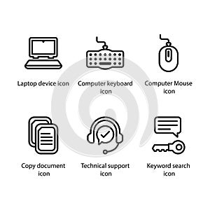 Laptop device, Computer keyboard, Mouse, Copy document, technical support, Keyword search, icon