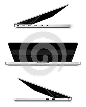 Laptop display mock up, front and side view with half closed screen