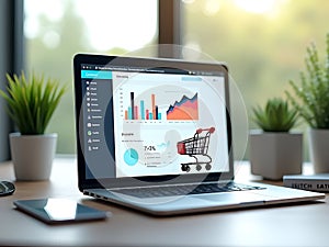 Laptop Display Showing Business Data and Shopping Cart