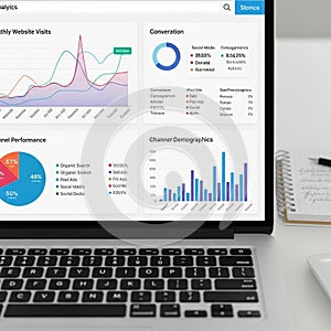 Laptop display shows digital analytics dashboards
