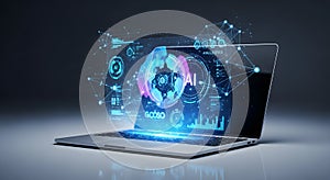Laptop Displaying AI Analytics Interface Digital Data Visualization Futuristic Artificial Intelligence Technology Advanced