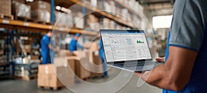 The laptop displaying analytics in a busy warehouse environment. AI generated image