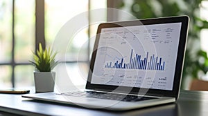 Laptop displaying analytics and data graphs in a home office