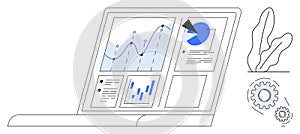 Laptop Displaying Analytics with Graphs, Pie Chart, and Dashboard Widgets for Data Visualization