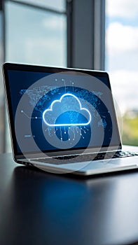 Laptop displaying cloud computing concept with world map background