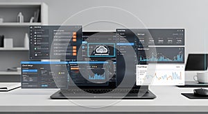 Laptop Displaying Cloud Computing Dashboards and Data Analytics Visualizations