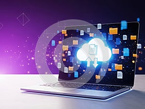 Laptop displaying cloud computing and data transfer on a futuristic background