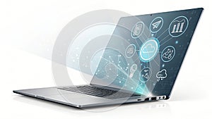 Laptop Displaying Cloud Computing Network Data Storage Digital Technology Cybersecurity and Global AI generated.