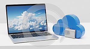 Laptop displaying cloud computing services with a blue cloud icon and file folder computer technology