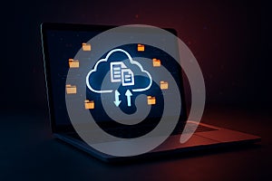 Laptop displaying cloud data transfer cloud computing