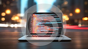 Laptop displaying code with city lights in background