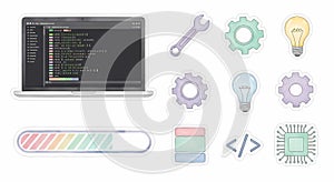 Laptop displaying code with coding icons