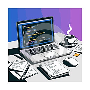 Laptop displaying code with coffee cup and papers on desk computer programming